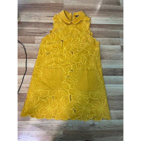 Topshop Yellow Floral Cutout Mini Dress Size 8 Mod Retro Collared Sleeveless - Picture 8 of 9